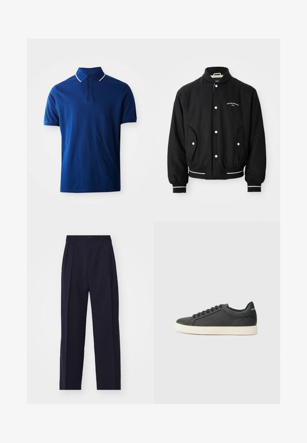 Melns bumbieru apvalks ar ribotu apkakli, pogu aizdari, divām sānu kabatām un baltām svītrām pie piedurknēm un apakšmalas.; Vīriešu zils īsām piedurknēm polo krekls ar trim tumšiem pogām un apkakli, kurai ir smalks reljefisks teksts un balta apdare.; Jūras zila, pieguļoša bikses ar taisnu kāju dizainu, izšuvumi priekšā, aizdare ar pogu un bez redzamām kabatām. Gluda auduma tekstūra.; Melna ādas kedas ar zemu profilu, noapaļotu purngalu un savelkamu aizdari; ar teksturētu gumijas zoli un logotipa detaļu uz papēža.