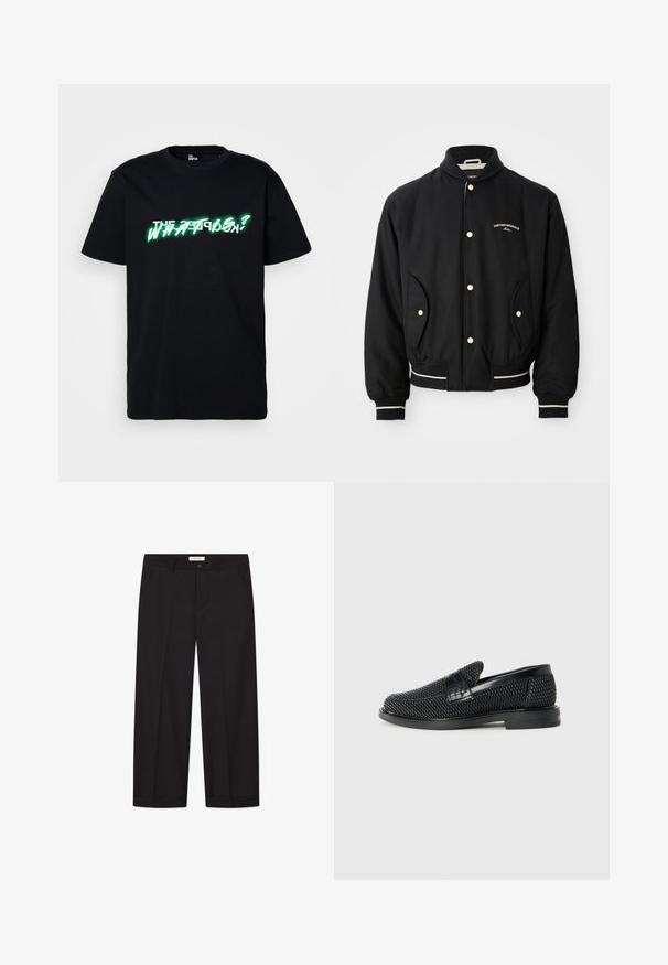 Melns bumbieru apvalks ar ribotu apkakli, pogu aizdari, divām sānu kabatām un baltām svītrām pie piedurknēm un apakšmalas.; Melnas kokvilnas T-krekls ar izteiksmīgi zaļiem un baltiem grafikas burtiem, kas priekšpusē rakstīti "KAS IR?". Apaļš kakls un īsas piedurknes.; Melnas platās bikses, izgatavotas no gludas auduma. Ar pogu un rāvējslēdzēju, divām priekšējām kabatām un asu malu apdari.; Melnas austas slaidu kurpes ar gludu ādas akcentu augšpusē, apaļas formas purngalu un zemas profila gumijas zoli.