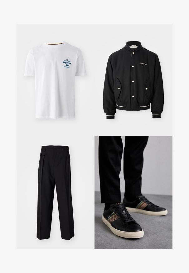 Czarna kurtka bomberka z żebrowanym kołnierzem, zapięciem na napy, dwiema bocznymi kieszeniami oraz białymi paskami na mankietach i u dołu.; Biała bawełniana koszulka z krótkim rękawem, z niebieskim nadrukowanym logo na przodzie. Okrągły dekolt z kontrastowym wykończeniem wewnętrznym.; Czarne plisowane spodnie o prostym, szerokim kroju nogawek. Wykonane z gładkiego materiału, z zapięciem na guzik i pętelkami na pasek.; Czarne skórzane sneakersy z wielokolorowymi paskami, okrągłym noskiem i białą gumową podeszwą, z zapięciem na sznurowadła i wytłoczonym logo.