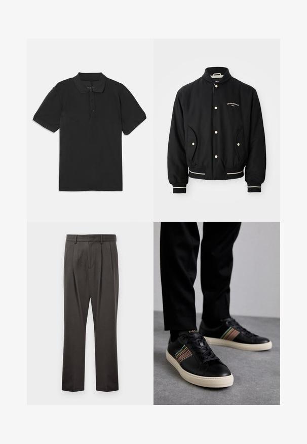 Fekete bomberdzseki bordás gallérral, patentgombos záródással, két oldalsó zsebbe és fehér csíkos díszítéssel a mandzsettákon és az alján.; Fekete póló ing rövid ujjakkal, gallérral és három gombos mitikával. Simább, könnyű anyagból készült, klasszikus dizájnnal.; Sötét szürke nadrág, textúrált anyagból készült, sima elejű, redőzött, egyenes lábakkal és övhurkokkal. Nincs látható fémalkatrész vagy minta.; Fekete bőr sportcipők színes csíkozással, kerek orral és fehér gumitalppal, fűzős kialakítással és dombornyomott logóval.