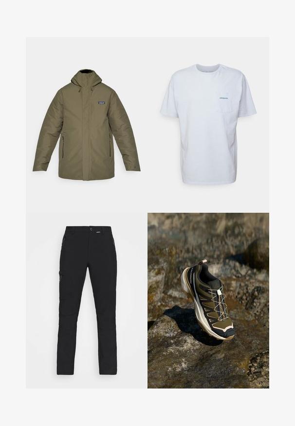 Olīvu zaļš izolēts jaka ar kapuci, priekšējiem rāvējslēdzēja kabatām un krūšu kabatu. Tam ir gluda tekstūra un regulējami kapuces auklas.; Balts kokvilnas T-krekls ar īsām piedurknēm, apaļu kakla izgriezumu un kreisajā krūtī kabatu ar zilu "Patagonia" logotipu. Klasiska piegriezuma ar gludu struktūru.; Melnas pārgājienu bikses, kas izstrādātas no izturīga auduma, ar divām priekšējām rāvējslēdzēju kabatām, ceļa paneļiem un regulējamiem siksnām jostasvietā un pie piedurknēm.; Tūrisma apavi olīvzaļā un melnā krāsā ar rozā akcentiem. Iespējas ietver teksturētu virsu, elastīgu zoli, pastiprinātu purngalu un krāsainu šņorējuma sistēmu.