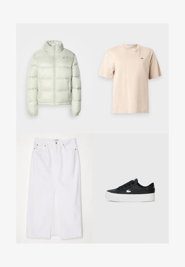 Doudoune vert clair avec un col haut, fermeture éclair frontale et motif matelassé horizontal. Présente un logo sur la poitrine et des poignets élastiques.; T-shirt en coton beige avec un col rond, des manches courtes et un petit logo crocodile vert brodé sur le côté gauche de la poitrine.; Jupe en denim blanc dotée d'une fente à l'avant, d'un design à cinq poches, d'une fermeture à bouton et à zip en métal, ainsi que de détails de couture en bas.; Baskets basses noires en matériau synthétique, avec une semelle en caoutchouc blanc, des lacets noirs et un petit logo blanc sur le côté.