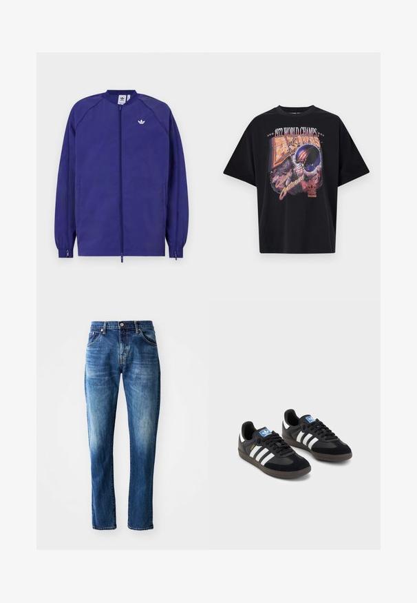 Violetti kevytrakenteinen takki, jossa on vetoketjusuljenta, joustavat hihansuut ja pieni valkoinen logo rinnassa. Sileä rakenne ja rento muotoilu.; Musta puuvillainen t-paita, jossa on graafinen printti, jossa lukee "1972 MAAILMAN MESTARIT", kypäräkuvio ja "Sukupolvien Taistelu" eloisilla väreillä.; Tummansiniset farkut, joissa on suora lahje, viisi taskua, haalistuva yksityiskohta ja edessä nappikiinnitys sekä vetoketju.; Mustat lenkkarit, joissa on mokkanahka- ja synteettinen päällinen, kolmella valkoisella raidalla, tekstuurilla varustettu kumipohja ja sininen logo-etiketti kielellä.