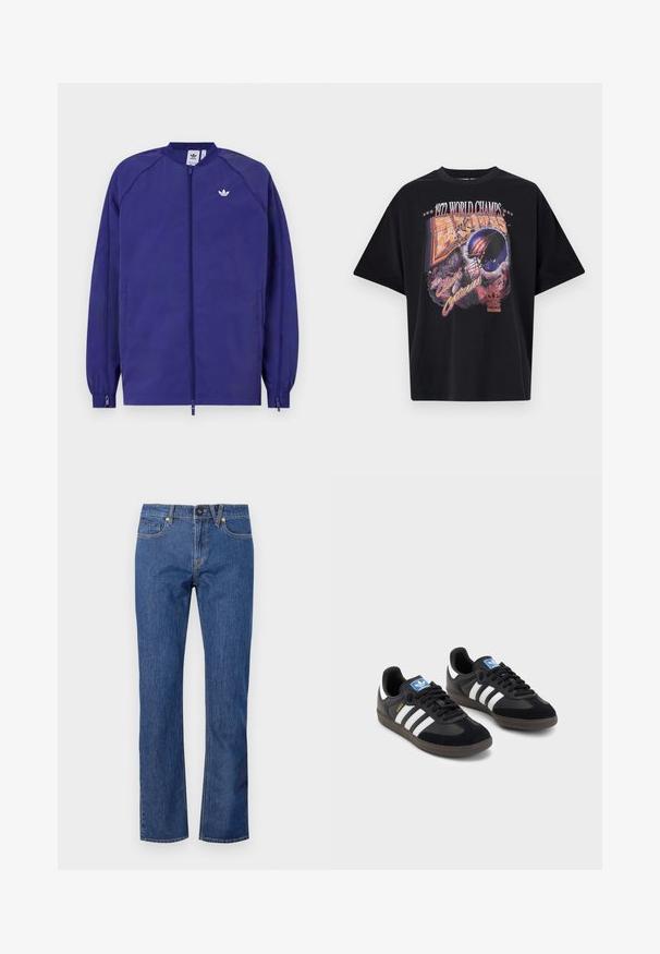 Veste légère violette avec une fermeture éclair, des poignets élastiques et un petit logo blanc sur la poitrine. Texture lisse et design décontracté.; T-shirt en coton noir avec un imprimé graphique portant "1972 WORLD CHAMPS", un design de casque et "The Clash of Centuries", dans des couleurs vives.; Jean en denim bleu, coupe droite, avec fermeture à bouton, passants de ceinture et cinq poches ornées de détails de couture subtils.; Des baskets noires avec une tige en suède et en matériaux synthétiques, dotées de trois rayures blanches, d'une semelle en caoutchouc texturé et d'une étiquette de logo bleue sur la languette.