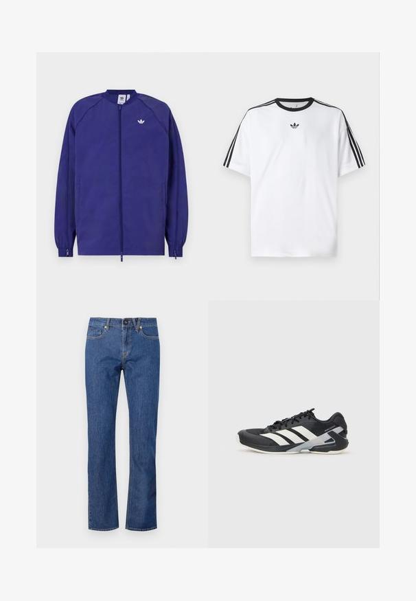 Ljubičasta lagana jakna s patentnim zatvaračem, elastičnim rukavima i malim bijelim logotipom na prsima. Glatka tekstura i ležeran dizajn.; Bijela majica od pamuka, s crnim okruglim izrezom i tri crne pruge na svakom ramenu. Mali crni logo na prsima.; Plave traperice ravnog kroja s gumbom, petljama za remen i pet džepova s suptilnim detaljima šivanja.; Crne atletske cipele s bijelim prugama, mrežasta gornja strana, zaobljeni prst i podstavljeni đon. Imaju teksturiranu petu i siguran sustav vezivanja.