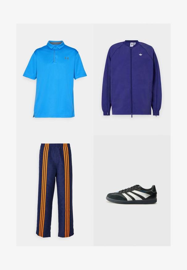 Lila, könnyű dzseki cipzárral, elasztikus mandzsettákkal és egy kis fehér logóval a mellrészen. Sima textúra és laza dizájn.; Kék pólóing texturált anyagból, gallérral, rövid ujjakkal és diszkrét logóval a mellkason. Oldalsó hasítékok a mozgás könnyebbsége érdekében.; Kék tréningnadrág, amelyet teljes felületén minta díszít, narancssárga csíkokkal az oldalán, kényelmes elasztikus derekával és laza szabásával.; adidas Performance PREDATOR FREESTYLE JUDE INDOOR FOOTBALL SHOES - Beltéri futballcipő - core black/silver-coloured/glory blue