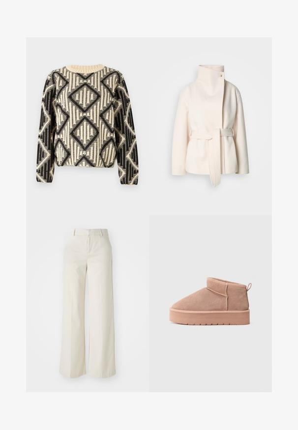 Krēmkrāsas vilnas mētelis ar augstu apkakli, sānu jostu un diagonālu priekšējo aizdari ar vienu pogu. Mīksta tekstūra, minimālists dizains.; Melns un krēmkrāsas rakstains džemperis ar ģeometrisku dimanta dizainu, apaļu kakla izgriezumu un garām piedurknēm ar ribām.; Platas kājās bikses gaisā bežā krāsā, izgatavotas no gludas auduma. Iezīmē klasisku jostasvietu un plakanu priekšpusi ar tīrām līnijām.; Beige zamšaina potīte ar biezs platformas zoli, noapaļota purngala, noberama cilpa uz papēža un redzamām šuvju detaļām.