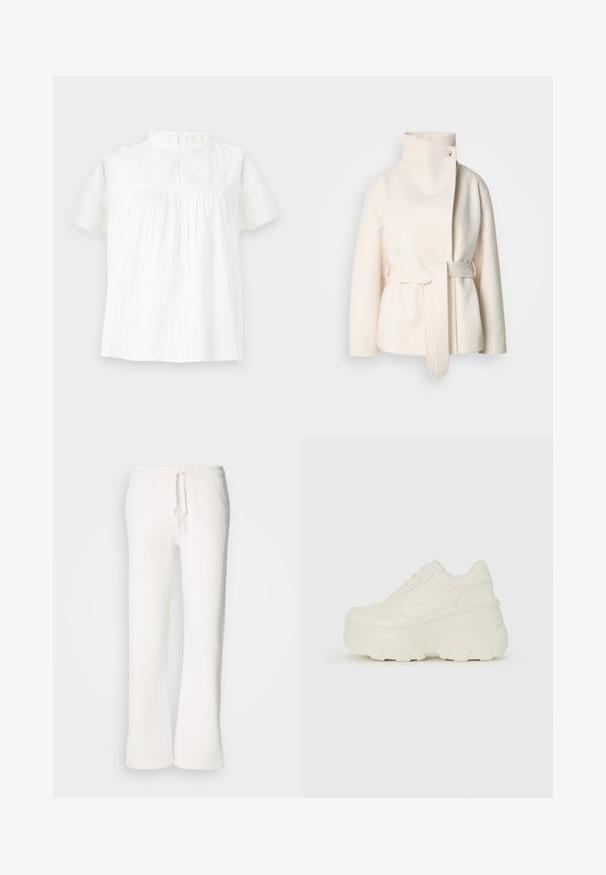 Kreemivärvi villane mantel, millel on kõrge krae, külgrihm ja diagonaalne esiluku, millel on üks nööp. Pehme tekstuur, minimaalne disain.; Valge lühikeste varrukatega pluus, millel on kortsunud kaelus, peene tekstuur ja lõdva lõige. Seljaosa kinnitamine sisaldab silmust ja nööpi.; Valged, mugavad spordipüksid, mis on valmistatud pehmest kangast, elastse talje ja nööridega, sirgete jalgadega disainiga.; Valged platvormi tõusukingad, millel on siledast nahast meenutav pealis, ümar kuju, pehmendatud kaelus ja tekstureeritud kummitald koos selgete hüdrofoobsete mustritega.
