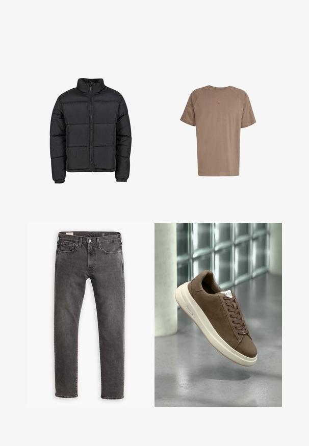 Chaqueta acolchada negra con cuello alto, cremallera frontal y puños elásticos. Presenta un diseño acolchado con costuras horizontales. Material ligero.; adidas Originals TEE - Camiseta básica - earth strata; Jeans de mezclilla gris con corte recto, diseño de cinco bolsillos y cierre de botón. Presenta un ligero desgaste y costuras tonal a lo largo.; Zapatilla de ante marrón con suela de goma crema, cordones planos y un logo en el lateral. Diseño ligero y textura suave.