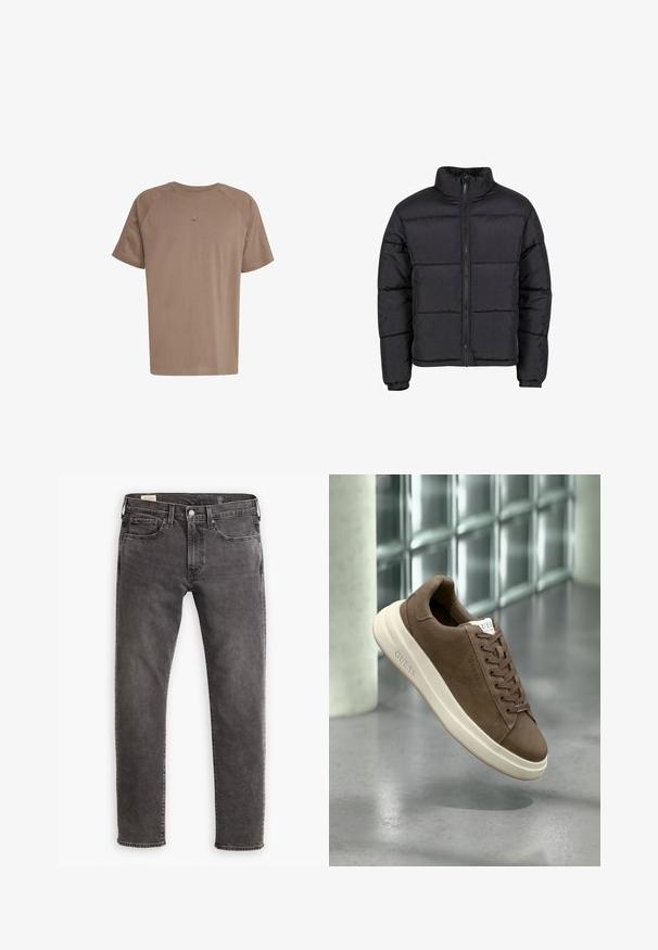 Černá péřová bunda s vysokým límcem, předním zipem a elastickými manžetami. Má prošívaný design s horizontálním švem. Lehký materiál.; adidas Originals TEE - Jednoduché tričko - earth strata; Šedé džíny z denimu se rovnými nohavicemi, designem s pěti kapsami a knoflíkovým zapínáním. Obsahují jemné vyblednutí a tonální prošívání po celém povrchu.; Hnědé semišové tenisky s krémovou gumovou podrážkou, plochými tkaničkami a logem na boku. Lehký design a hladký povrch.