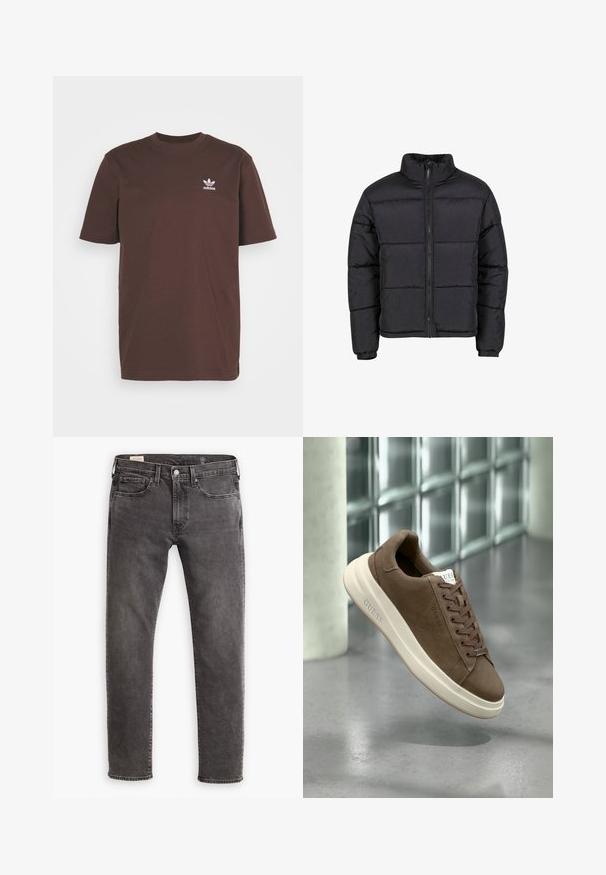 Černá péřová bunda s vysokým límcem, předním zipem a elastickými manžetami. Má prošívaný design s horizontálním švem. Lehký materiál.; adidas Originals TREFOIL ESSENTIALS - Triko s potiskem - shadow brown; Šedé džíny z denimu se rovnými nohavicemi, designem s pěti kapsami a knoflíkovým zapínáním. Obsahují jemné vyblednutí a tonální prošívání po celém povrchu.; Hnědé semišové tenisky s krémovou gumovou podrážkou, plochými tkaničkami a logem na boku. Lehký design a hladký povrch.