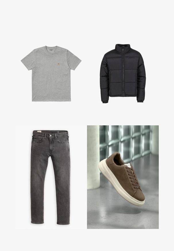 Zwarte pufferjack met hoge kraag, ritssluiting aan de voorkant en elastische manchetten. Bevat een gewatteerd ontwerp met horizontale stiksels. Lichtgewicht materiaal.; Carhartt WIP CHASE - T-shirt basic - grey; Grijze denim jeans met een rechte snit, een vijf-pocket ontwerp en een knoopsluiting. Voorzien van subtiele vervaging en tonale stiksels overal.; Bruine suède sneaker met een crèmekleurige rubberen zool, platte veters en een logo aan de zijkant. Lichtgewicht ontwerp en gladde textuur.