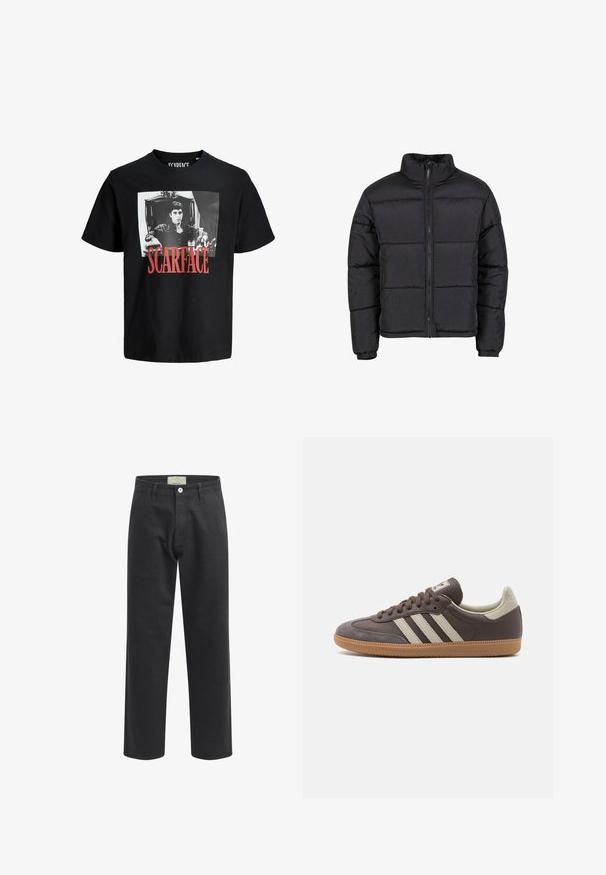 Sort pufferjakke med høj krave, frontlynlås og elastiske manchetter. Har et quiltet design med horisontale sømme. Letvægtsmateriale.; Sort bomulds t-shirt med et fremtrædende hvidt grafisk billede af en mand i en stol. Ordet "SCARFACE" er trykt i fed rød nedenfor billedet.; Sorte bomuldsbukser med lige ben-design, der har en knaplukning, forlommer og et mærke i taljen.; Brun lædersneaker med tre lyse striber, gummisål, rund tå og teksturerede ruskindsdetaljer på hælen og tåen.