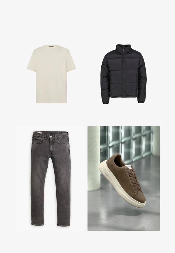 Čierna prešívaná bunda s vysokým golierom, predným zipsom a elastickými manžetami. Vyznačuje sa prešívaným dizajnom s horizontálnym švom. Ľahký materiál.; Svetlo béžové bavlnené tričko s klasickým okrúhlym výstrihom a krátkymi rukávmi. Jednoduchý, neupravovaný dizajn. Mäkká textúra, bežný strih.; Šedé denímové nohavice so strižením v rovnom strihu, dizajnom s piatimi vreckami a gombíkovým zapínaním. Obsahujú jemné blednutie a tónovité šitie po celom obvode.; Hnedé semišové tenisky s krémovou gumovou podrážkou, plochými šnúrkami a logom na boku. Ľahký dizajn a hladká textura.
