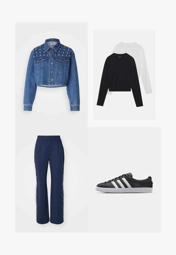 Kraťasová džínová bunda v středně modré barvě, se stříbrnými cvočky na ramenech, kovovým zapínáním na knoflíky a dvěma předními kapsami. Hladký povrch.; Dvě dlouhé rukávy: jedno černé a jedno bílé. Obě mají kulatý výstřih, raglánové rukávy a měkkou bavlněnou směs.; ONLY ONLWARM UP TRACK PANT - Teplákové kalhoty - navy blazer/whitecap/gray; Černé kožené tenisky s bílým trojitým pruhovaným designem, kulatou špičkou, plochou bílou gumovou podrážkou a značkovým detailem na boku.