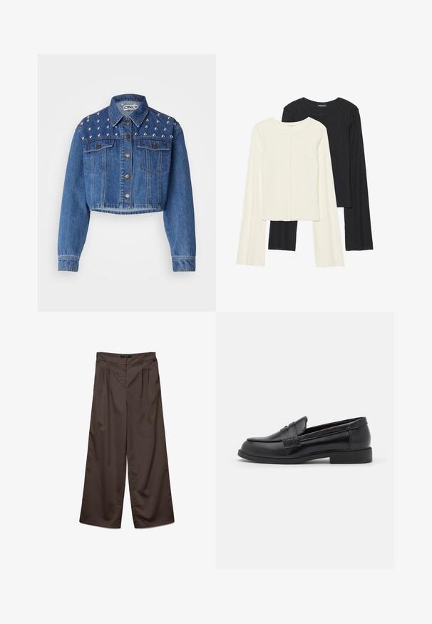 Giacca di jeans tagliata di colore blu medio, con borchie argentate sulle spalle, chiusura a bottone metallico e due tasche frontali. Tessuto liscio.; Set di due maglie a maniche lunghe, bianche e nere. Texture a coste, scollo tondo, design aderente con maniche leggermente svasate.; Pantaloni a gamba larga in tessuto marrone scuro con una superficie liscia. Presentano pieghe sul davanti e una vita standard.; Mocassini in pelle nera con una superficie liscia, punta rotonda, dettagli cuciti sulla tomaia e suola piatta in gomma bassa.