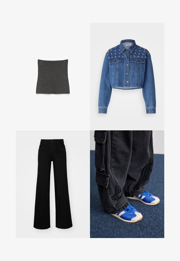 Gekürzte Jeansjacke in Mittelblau, mit silbernen Nieten auf den Schultern, metallischem Knopfverschluss und zwei Vorderaschen. Glatte Textur.; Dunkelgrauer gerippter Strick-Nackenwärmer oder -Gamasche flach auf einem weißen Hintergrund ausgelegt.; Schwarze weit geschnittene Hose aus Denim, mit einem strukturierten Bund, Gürtelschlaufen und Fronttaschen. Glatte Textur mit klassischem Design.; Person mit lockeren schwarzen Cargo-Hosen und blau-weißen Sneakers steht auf einem dunkelblauen Teppich.