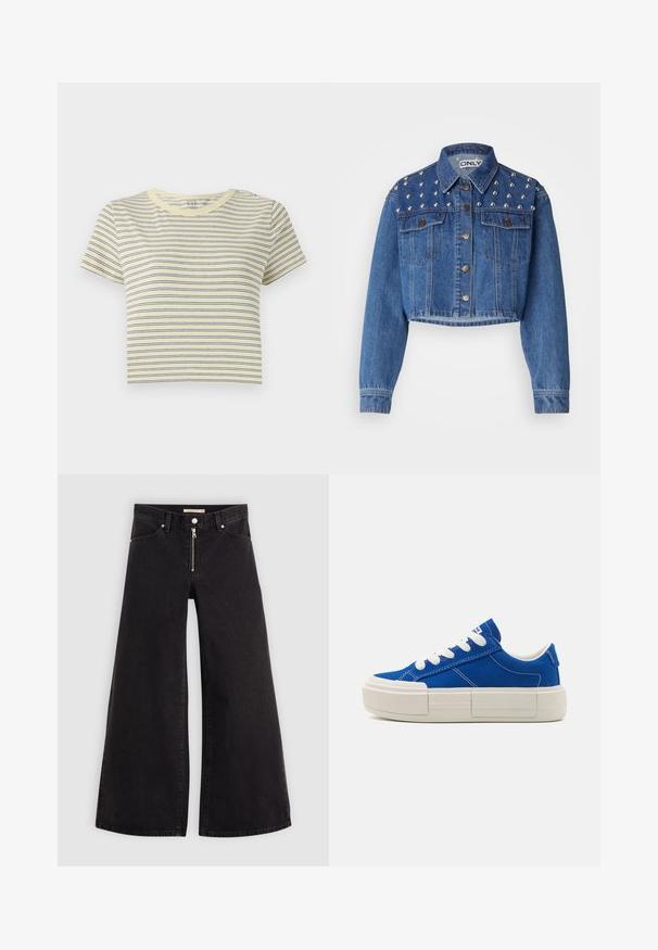 Chaqueta de denim recortada en azul medio, con tachuelas plateadas en los hombros, cierre de botón de metal y dos bolsillos frontales. Textura suave.; Camiseta a rayas amarillas con líneas horizontales azules, cuello redondo, mangas cortas y un corte cropped. Material de algodón suave, diseño simple.; Jeans de pierna ancha en denim negro con cierre frontal, diseño de cinco bolsillos y detalles de costura sutiles. Textura suave y estilo casual.; Zapatillas de lona azules con suela blanca gruesa, que presentan cordones blancos y costuras de contraste a lo largo de los lados. Con una lengüeta en el talón accentuada.