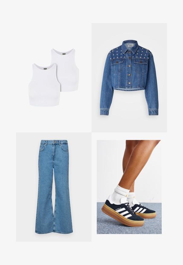 Apsipjaustyta džinsinė striukė vidutinio mėlynumo, su sidabriniais smeigais ant pečių, metaliniu užtrauktuku ir dviem priekinėmis kišenėmis. Lygus paviršius.; Du žvalios baltos medvilnės trumpinės bluzonai su briaunotu tekstūru, apvaliais iškirpimais ir be rankovių. Etiketės rašo "URBAN CLASSICS."; Šviesiai mėlynos flared džinsai, pagaminti iš džinsinio audinio, su aukštu liemeniu, penkiomis kišenėmis ir vienu mygtuko užsegimu. Minkštas paviršius su išblukusiu efektu.; Juodi zomšiniai sportbačiai su baltais dryžiais ir akcentais, apvalios nosies, guminio, gumos pado, derinami su baltais raitytais vidutinio ilgio kojinaitėmis.