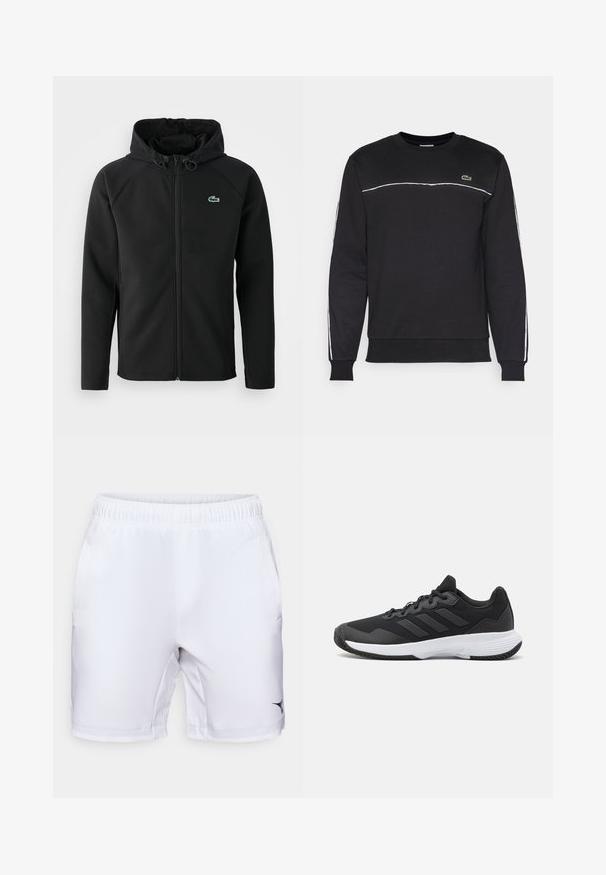 Must mustaga jope, mis on valmistatud pehmest ja venivast kangast. Omab eesmist tõmblukku, küljetaskut ning väikest roheline Lacoste logo rinnal.; Mustmust, millel on pikad varrukad, ümmargune kaelus, valged aktsentiribad õlgadel ja külgedel ning rindkere kohal väike Lacoste logo.; Valged spordilühikesed, millel on elastne vöökoht, küljetaskud ja must logo alumises paremas nurgas. Sile, kerge kangas.; Must värvi sportlik king, millel on tekstuuriga pealispind, kolm horisontaalset triipu ja valge põhi mustriga tallaga. Kerge ja voolujooneline disain.
