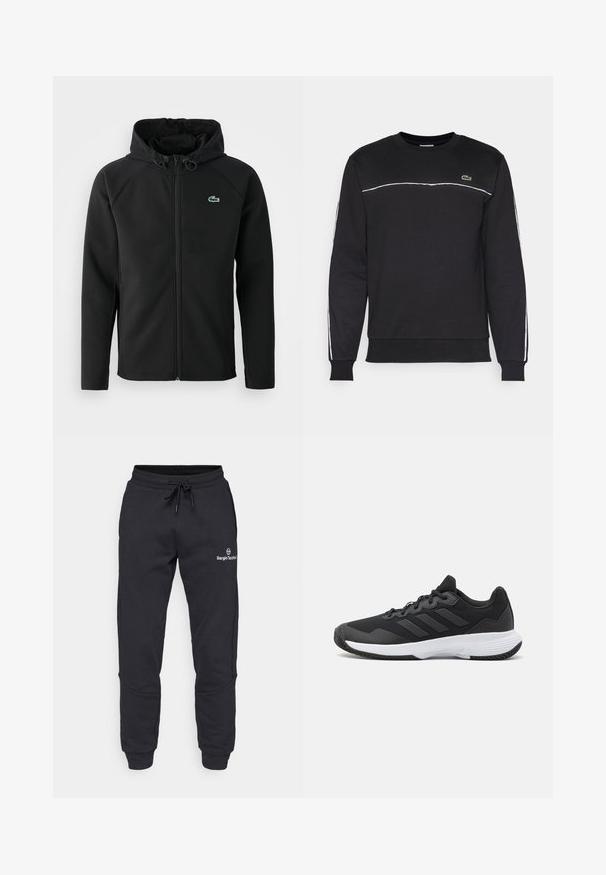 Μαύρο φούτερ με κουκούλα, κατασκευασμένο από μαλακό, ελαστικό ύφασμα. Διαθέτει μπροστινό φερμουάρ, πλαϊνές τσέπες και ένα μικρό πράσινο λογότυπο Lacoste στο στήθος.; Μαύρο φούτερ με μακριά μανίκια, στρογγυλή λαιμόκοψη, λευκές διακριτικές ρίγες κατά μήκος των ώμων και των πλάγιων, με μικρό λογότυπο Lacoste στο στήθος.; Σκούρες γκρι φόρμες από βαμβακερό μείγμα, με ελαστική μέση, κορδόνι ρύθμισης και ένα μικρό λευκό λογότυπο μπροστά.; Μαύρο αθλητικό παπούτσι με υφασμάτινη επιφάνεια, τρεις οριζόντιες ρίγες και λευκή σόλα με μοτίβο. Ελαφρύ και μοντέρνο σχέδιο.