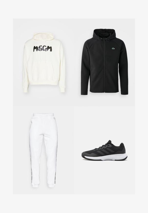 Veste à capuche noire, fabriquée en tissu doux et extensible. Elle possède une fermeture éclair à l'avant, des poches latérales et un petit logo Lacoste vert sur la poitrine.; MSGM FELPA - Sweat à capuche - off white; Pantalons de survêtement blancs avec taille élastique, dotés de bandes latérales noires et de poignets. Fabriqués en tissu doux avec une texture lisse.; Chaussure de sport noire avec un dessus texturé, trois bandes horizontales et une semelle blanche avec un motif de sculpture. Design léger et épuré.