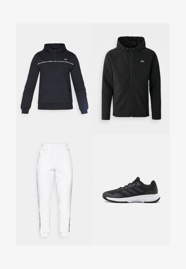 Svart hettejakke laget av myk, elastisk stoff. Har frontglidning, sidelommer og en liten grønn Lacoste-logo på brystet.; Svart hettegenser med kenguru-lomme, hvit stripe på tvers av brystet, og brodert logo på venstre side. Myk stoff, lange ermer.; Hvite joggebukser med elastisk midje, med svarte sidestriper og mansjetter. Laget av myk stoff med en glatt tekstur.; Svart idrettssko med teksturert overdel, tre horisontale striper, og en hvit såle med mønstret gummibunn. Lettvekts og strømlinjeformet design.