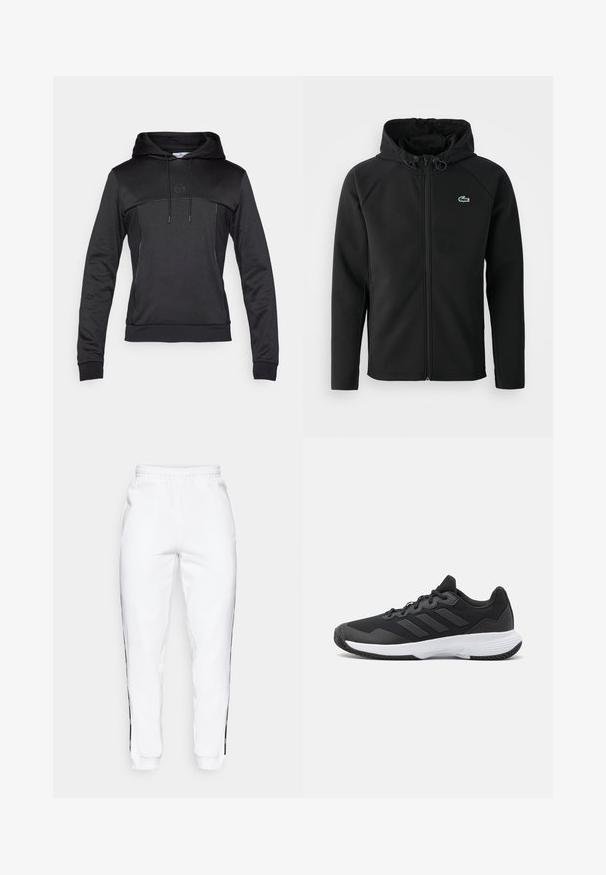 Svart hettejakke laget av myk, elastisk stoff. Har frontglidning, sidelommer og en liten grønn Lacoste-logo på brystet.; Svart hettegensere med frontlomme, snøring, teksturert panel, og diskret logo på brystet. Har kontrasterende søm detaljer.; Hvite joggebukser med elastisk midje, med svarte sidestriper og mansjetter. Laget av myk stoff med en glatt tekstur.; Svart idrettssko med teksturert overdel, tre horisontale striper, og en hvit såle med mønstret gummibunn. Lettvekts og strømlinjeformet design.