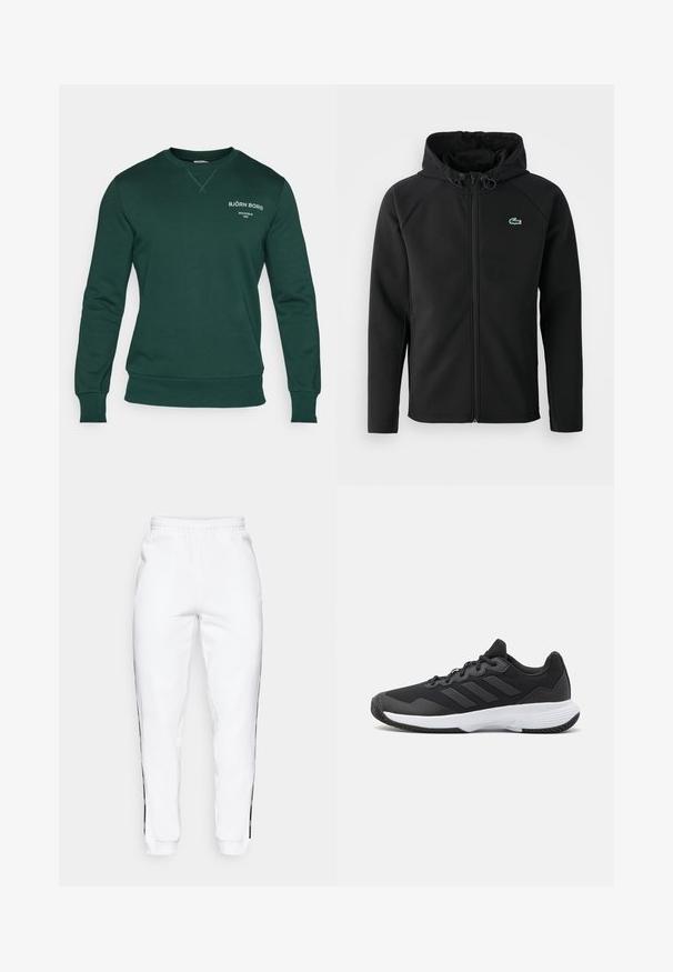 Chaqueta negra con capucha, hecha de una tela suave y elástica. Presenta un zipper frontal, bolsillos laterales y un pequeño logo verde de Lacoste en el pecho.; Björn Borg ESSENTIAL CREW - Sudadera - pine grove; Pantalones de chándal blancos con cintura elástica, que cuentan con franjas laterales negras y puños. Hechos de un tejido suave con una textura lisa.; Zapatilla deportiva negra con una parte superior texturizada, tres franjas horizontales y una suela blanca con un dibujo en su superficie. Diseño ligero y aerodinámico.