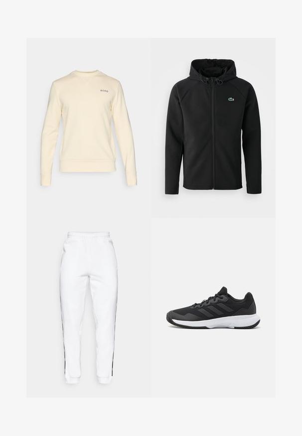 Must mustaga jope, mis on valmistatud pehmest ja venivast kangast. Omab eesmist tõmblukku, küljetaskut ning väikest roheline Lacoste logo rinnal.; Kreemivärviline sweatshirt, mis on valmistatud pehmest kangast, ümarate käiseaukude ja pikkade varrukatega, ning rinnal on väike tikitud logo.; Valged dressipüksid elastse vöökoha ja mustade külgtriipudega. Valmistatud pehmest kangast, millel on sile tekstuur.; Must värvi sportlik king, millel on tekstuuriga pealispind, kolm horisontaalset triipu ja valge põhi mustriga tallaga. Kerge ja voolujooneline disain.