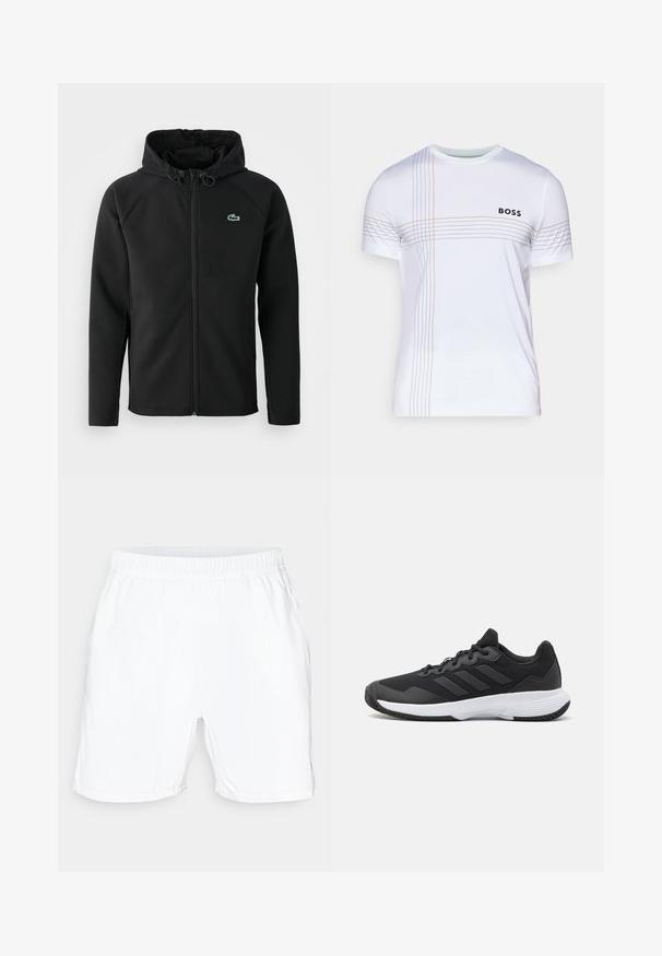 Musta huppari, joka on valmistettu pehmeästä ja joustavasta kankaasta. Siinä on edessä vetoketju, sivutaskut ja pieni vihreä Lacoste-logo rinnassa.; Valkoinen lyhythihainen T-paita, jossa on painettu geometrinen kuvio ohuilla harmailla ja oransseilla viivoilla sekä musta "BOSS"-logo edessä.; Valkoiset urheilushortsit, joissa on joustava vyötärö, sileä kangas ja lyhyt pituus. Ei näkyviä kuvioita tai lisätietoja.; Musta urheilukenkä, jossa on teksturoidut päälliset, kolme vaakasuoraa raitaa ja valkoinen pohja, jossa on kuvioitu kulutuspinta. Kevyt ja virtaviivainen muotoilu.