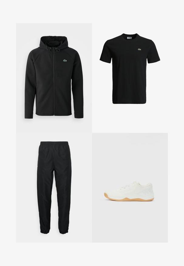 Chaqueta negra con capucha, hecha de una tela suave y elástica. Presenta un zipper frontal, bolsillos laterales y un pequeño logo verde de Lacoste en el pecho.; Camiseta de algodón negra con cuello redondo, mangas cortas y un pequeño logo de cocodrilo verde en el lado izquierdo del pecho. Textura suave, diseño casual.; Pantalones deportivos negros hechos de material ligero con cintura y puños elásticos, que presentan una textura suave y un detalle de marca mínimo.; Zapatilla deportiva de corte bajo en blanco con parte superior de punto, suela de goma beige, cordones y logo elevado "TYR" en el lado del talón.