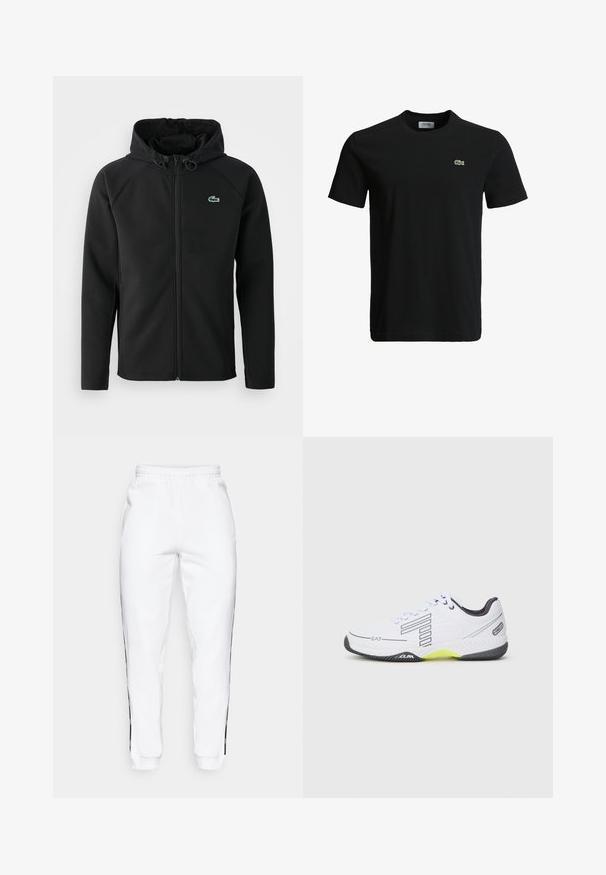 Črna kapuca, narejena iz mehke, raztegljive tkanine. Ima sprednji zadrgo, stranske žepe in majhen zeleno Lacoste logo na prsih.; Črna bombažna majica s krožnim izrezom, kratkimi rokavi in majhnim zelenim krokodilovim logotipom na levem prsnem delu. Gladka tekstura, sproščen dizajn.; Bele športne hlače z elastikastim pasom, z black stranskimi črtami in manšeti. Narejene iz mehkega blaga z gladko teksturo.; Bela športna obutev z črnimi detajli in sivo podrobnostmi. Ima teksturiran zgornji del, vezalke in svetlo rumen segment podplata.