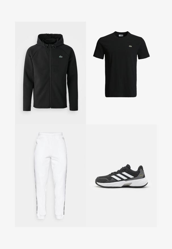 Must mustaga jope, mis on valmistatud pehmest ja venivast kangast. Omab eesmist tõmblukku, küljetaskut ning väikest roheline Lacoste logo rinnal.; Must musta T-särk ümarate kaelustega, lühikeste varrukatega ja väikese rohelise krokodilli logoga vasakul rinnal. Sile tekstuur, igapäevane disain.; Valged dressipüksid elastse vöökoha ja mustade külgtriipudega. Valmistatud pehmest kangast, millel on sile tekstuur.; Must have suured mustamine king, millel on valged triibud, tekstureeritud võrk ja sünteetiline materjal. Kingadel on kummist tallad ja hall aktsent kandadel.