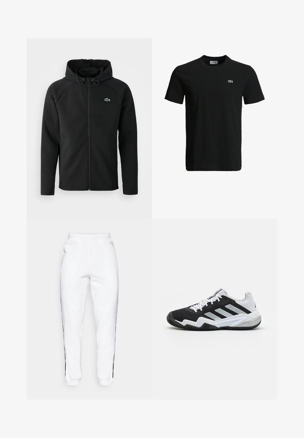 Musta huppari, joka on valmistettu pehmeästä ja joustavasta kankaasta. Siinä on edessä vetoketju, sivutaskut ja pieni vihreä Lacoste-logo rinnassa.; Musta puuvillapaita, jossa on pyöreä kaula-aukko, lyhyet hihat ja pieni vihreä krokotiililogo vasemmassa rinnassa. Sileä kuitu, rento muotoilu.; Valkoiset collegehousut, joissa on joustava vyötärö ja mustat sivuraidat sekä hihansuut. Ne ovat valmistettu pehmeästä kankaasta, jolla on sileä pinta.; Mustat ja valkoiset urheilukengät, joissa on teksturoitu verkkopäällinen, kumipohja ja kolme hopeista korostusraitaa sivulla.