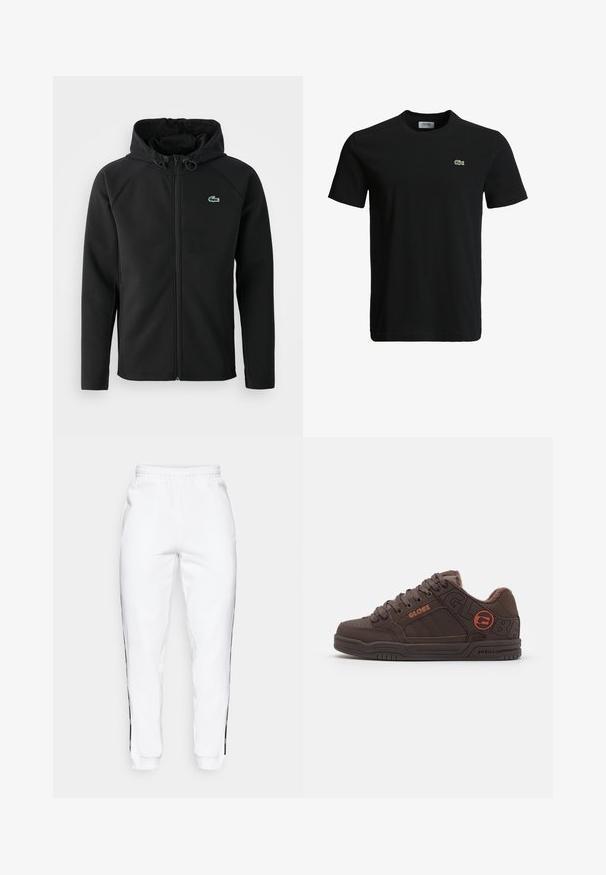 Zwarte hooded jacket, gemaakt van zachte, rekbare stof. Voorzien van een ritssluiting aan de voorkant, zijkerftjes en een klein groen Lacoste-logo op de borst.; Zwart katoenen t-shirt met een ronde hals, korte mouwen en een klein groen krokodillenlogo op de linkerborst. Vloeiende textuur, casual ontwerp.; Witte sweatpants met elastische tailleband, voorzien van zwarte zijkanten en boorden. Gemaakt van zacht materiaal met een gladde textuur.; Bruine skate schoenen met een gevoerde kraag, textuurleer bovenkant en een reliëflogo. Voorzien van dikke veters en een rubberen zool met groeven.