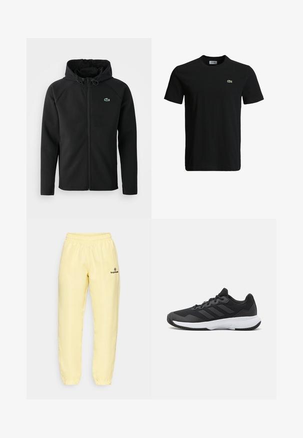 Čierna kapucňová bunda vyrobená z mäkkého a elastického materiálu. Má predný zips, bočné vrecká a malé zelené logo Lacoste na hrudi.; Čierne bavlnené tričko s okrúhlym výstrihom, krátkymi rukávmi a malým zeleným logo krokodíla na ľavej hrudi. Hladká textúra, ležérny dizajn.; Žlté tepláky vyrobené z hladkej látky s elastickým pásom, s malým čiernym logom na ľavej nohe a zipsovými otvoreniami na členkoch.; Čierna atletická topánka s textúrovaným zvrškom, s tromi horizontálnymi pruhmi a bielou podrážkou s vzorovaným profilom. Ľahký a aerodynamický dizajn.