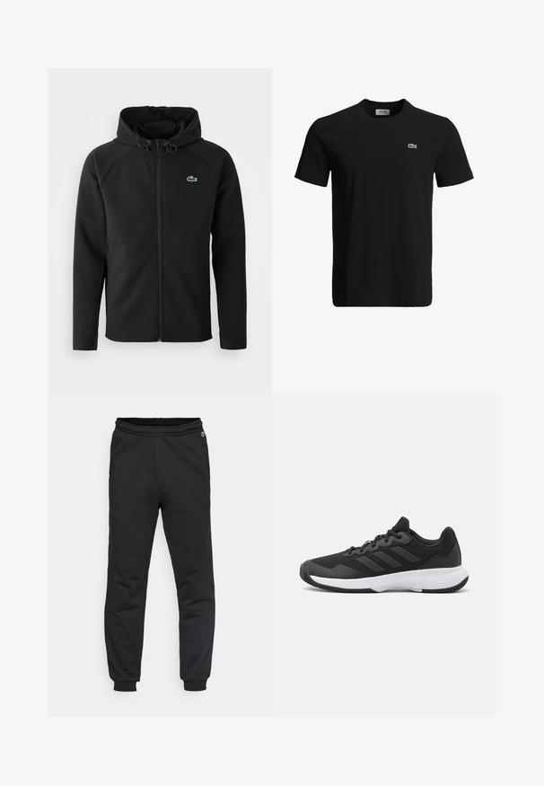 Casaco com capuz preto, feito de tecido macio e elástico. Apresenta um fecho éclair frontal, bolsos laterais e um pequeno logótipo verde da Lacoste no peito.; T-shirt de algodão preto com decote redondo, mangas curtas e um pequeno logotipo de crocodilo verde no lado esquerdo do peito. Textura suave, design casual.; Calças de fato pretas com cintura e punhos elásticos, feitas de um tecido suave. Apresenta um pequeno logótipo do lado esquerdo para detalhe.; Sapatilha atlética preta com um upper texturizado, três riscas horizontais e uma sola branca com um padrão de piso. Design leve e aerodinâmico.