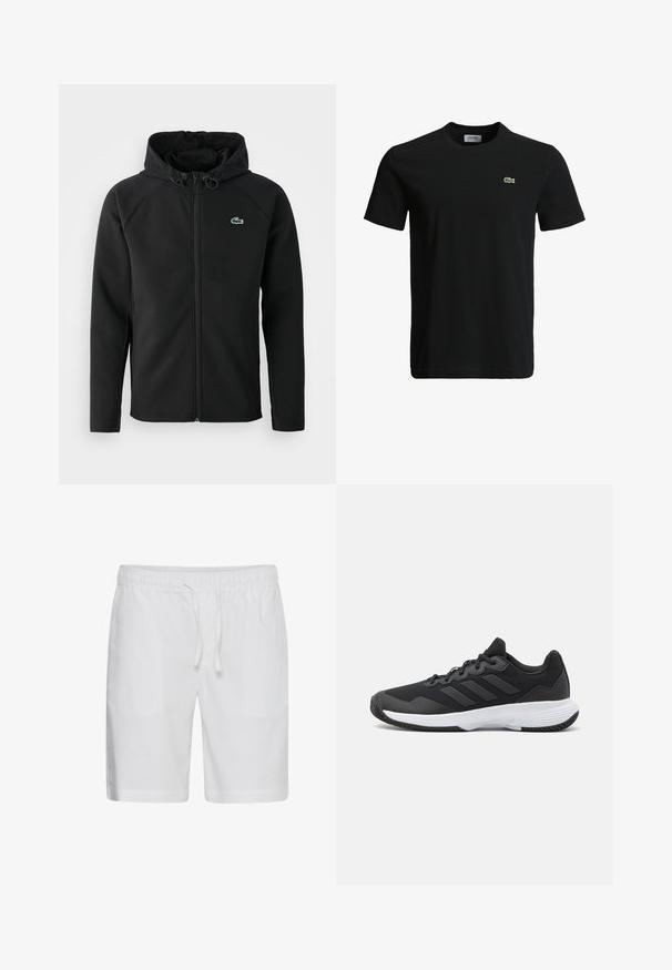 Sort hættejakke lavet af blødt, strækbart stof. Den har en frontlynlås, sidelommer og et lille grønt Lacoste-logo på brystet.; Sort bomulds T-shirt med rund halsudskæring, korte ærmer og et lille grønt krokodille-logo på venstre bryst. Glat tekstur, afslappet design.; Casual Friday CFPHELIX LINEN MIX - Shorts - bright white; Sort atletisk sko med en struktureret overdel, tre vandrette striber og en hvid sål med et mønstret slidbane. Letvægts- og strømlinet design.