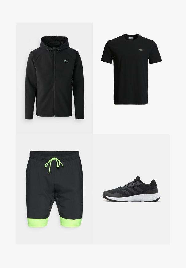 Casaco com capuz preto, feito de tecido macio e elástico. Apresenta um fecho éclair frontal, bolsos laterais e um pequeno logótipo verde da Lacoste no peito.; T-shirt de algodão preto com decote redondo, mangas curtas e um pequeno logotipo de crocodilo verde no lado esquerdo do peito. Textura suave, design casual.; Calções de banho pretos com detalhes em verde néon. Apresenta uma cintura elástica com cordão e um forro interior contrastante. Textura suave.; Sapatilha atlética preta com um upper texturizado, três riscas horizontais e uma sola branca com um padrão de piso. Design leve e aerodinâmico.
