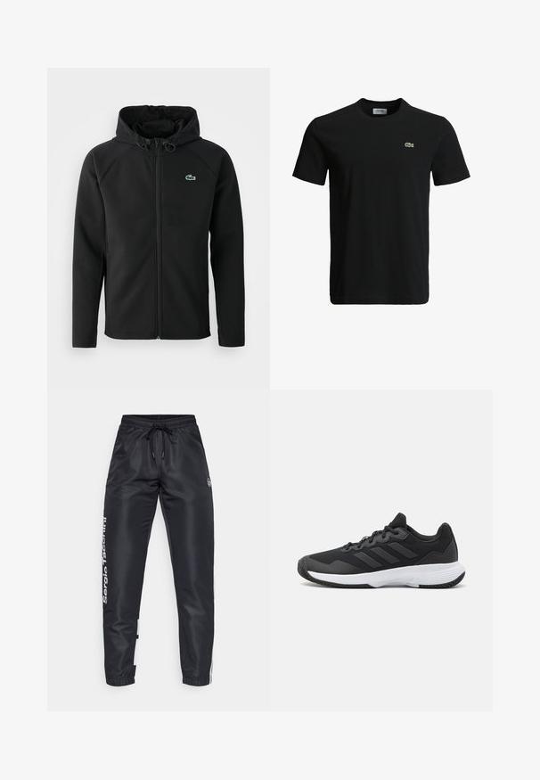 Melnas kapuces jaka, izgatavota no mīksta, stiepjama auduma. Tai ir priekšējais rāvējslēdzis, sānu kabatas un neliels zaļš Lacoste logo krūtīs.; Melna kokvilnas T-krekls ar apaļu kakla izgriezumu, īsām piedurknēm un mazu zaļu krokodila logotipu kreisajā krūtī. Gluda tekstūra, ikdienišķs dizains.; Melni sporta bikses ar aukliņu jostā, ar baltu zīmolu uz sāniem un kontrastējošiem krāsu paneļiem apakšmalā.; Melna sporta apavi ar teksturētu virsu, trim horizontālām svītrām un baltu zoli ar rakstainu protektoru. Viegls un plūstošs dizains.