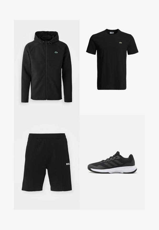 Chaqueta negra con capucha, hecha de una tela suave y elástica. Presenta un zipper frontal, bolsillos laterales y un pequeño logo verde de Lacoste en el pecho.; Camiseta de algodón negra con cuello redondo, mangas cortas y un pequeño logo de cocodrilo verde en el lado izquierdo del pecho. Textura suave, diseño casual.; Shorts negros hechos de tejido elástico con una textura suave. Cuentan con un diseño liso y un pequeño logotipo blanco de "BOSS" en el muslo izquierdo.; Zapatilla deportiva negra con una parte superior texturizada, tres franjas horizontales y una suela blanca con un dibujo en su superficie. Diseño ligero y aerodinámico.