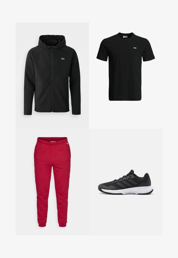 Juodas gobtuvinė striukė, pagaminta iš minkštos, tamprios medžiagos. Su priekiniais užtrauktukais, šoniniais kišenėmis ir mažu žaliu Lacoste logotipu ant krūtinės.; Juodas medvilninis marškinėliai su apvaliu kaklu, trumpomis rankovėmis ir mažu žaliu krokodilo logotipu kairėje krūtinės pusėje. Lygi tekstūra, kasdieniškas dizainas.; Raudoni sportiniai kelnes, pagamintos iš minkštos medžiagos, su elastinga juosta juosmens srityje ir siaurėjančiomis rankovėmis. Šoninės juostelės rodo tekstą kontrastingomis spalvomis.; Juodas sportinis batelis su tekstūruota viršutine dalimi, trimis horizontaliomis juostelėmis ir baltu padu su raštuotu protektoriumi. Lengvas ir aerodinamiškas dizainas.