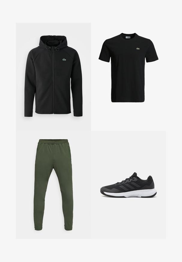 Čierna kapucňová bunda vyrobená z mäkkého a elastického materiálu. Má predný zips, bočné vrecká a malé zelené logo Lacoste na hrudi.; Čierne bavlnené tričko s okrúhlym výstrihom, krátkymi rukávmi a malým zeleným logo krokodíla na ľavej hrudi. Hladká textúra, ležérny dizajn.; Zelené polyesterové teplákové nohavice s elastickým pásom, zúženými nohami a bočnými vreckami, s vyšitými detailmi a hladkým povrchom.; Čierna atletická topánka s textúrovaným zvrškom, s tromi horizontálnymi pruhmi a bielou podrážkou s vzorovaným profilom. Ľahký a aerodynamický dizajn.