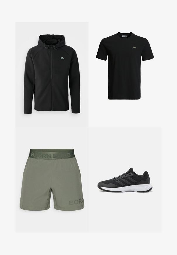 Chaqueta negra con capucha, hecha de una tela suave y elástica. Presenta un zipper frontal, bolsillos laterales y un pequeño logo verde de Lacoste en el pecho.; Camiseta de algodón negra con cuello redondo, mangas cortas y un pequeño logo de cocodrilo verde en el lado izquierdo del pecho. Textura suave, diseño casual.; Bermudas deportivas verdes hechas de tela ligera. Cuentan con una cinturilla elástica con el texto "BJÖRN BORG" y un logo impreso en la pierna izquierda.; Zapatilla deportiva negra con una parte superior texturizada, tres franjas horizontales y una suela blanca con un dibujo en su superficie. Diseño ligero y aerodinámico.