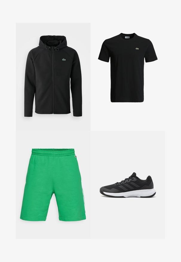 Casaco com capuz preto, feito de tecido macio e elástico. Apresenta um fecho éclair frontal, bolsos laterais e um pequeno logótipo verde da Lacoste no peito.; T-shirt de algodão preto com decote redondo, mangas curtas e um pequeno logotipo de crocodilo verde no lado esquerdo do peito. Textura suave, design casual.; Calções de algodão verdes com uma faixa elástica na cintura, corte até ao joelho, bolsos laterais e uma faixa lateral contrastante com detalhes de marca.; Sapatilha atlética preta com um upper texturizado, três riscas horizontais e uma sola branca com um padrão de piso. Design leve e aerodinâmico.