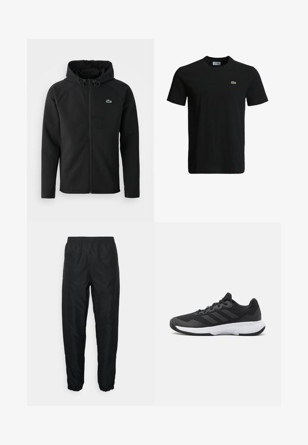 Casaco com capuz preto, feito de tecido macio e elástico. Apresenta um fecho éclair frontal, bolsos laterais e um pequeno logótipo verde da Lacoste no peito.; T-shirt de algodão preto com decote redondo, mangas curtas e um pequeno logotipo de crocodilo verde no lado esquerdo do peito. Textura suave, design casual.; Calças desportivas pretas feitas de material leve com cintura e punhos elásticos, apresentando uma textura suave e um detalhe de marcação mínima.; Sapatilha atlética preta com um upper texturizado, três riscas horizontais e uma sola branca com um padrão de piso. Design leve e aerodinâmico.