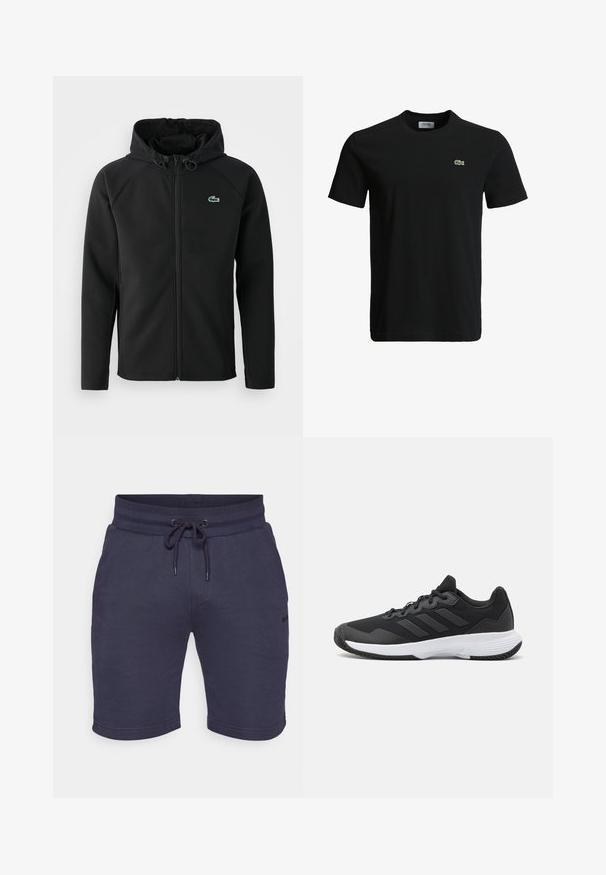 Casaco com capuz preto, feito de tecido macio e elástico. Apresenta um fecho éclair frontal, bolsos laterais e um pequeno logótipo verde da Lacoste no peito.; T-shirt de algodão preto com decote redondo, mangas curtas e um pequeno logotipo de crocodilo verde no lado esquerdo do peito. Textura suave, design casual.; Calções azul-marinho feitos de tecido suave, com uma cintura elástica com cordão, bolsos laterais e um discreto detalhe de logotipo na perna.; Sapatilha atlética preta com um upper texturizado, três riscas horizontais e uma sola branca com um padrão de piso. Design leve e aerodinâmico.
