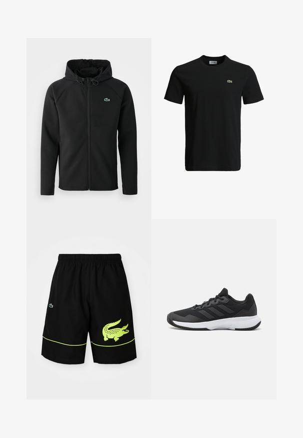 Black hooded jacket, made of soft, stretchy fabric. Features a front zipper, side pockets, and a small, green Lacoste logo on the chest.; Black cotton t-shirt with a crew neck, short sleeves, and a small green crocodile logo on the left chest. Smooth texture, casual design.; Black athletic shorts with elastic waistband, neon yellow crocodile logo on right leg, smaller logo on left leg, and neon yellow piping detail.; Black athletic shoe featuring a textured upper, three horizontal stripes, and a white sole with a patterned tread. Lightweight and streamlined design.