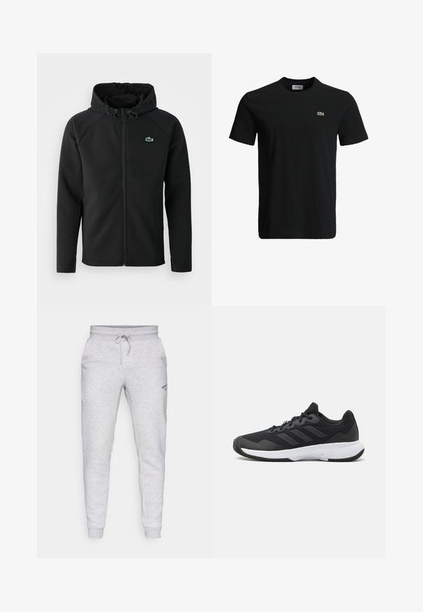 Črna kapuca, narejena iz mehke, raztegljive tkanine. Ima sprednji zadrgo, stranske žepe in majhen zeleno Lacoste logo na prsih.; Črna bombažna majica s krožnim izrezom, kratkimi rokavi in majhnim zelenim krokodilovim logotipom na levem prsnem delu. Gladka tekstura, sproščen dizajn.; Sive trenirke iz flisa z vrvico za nastavitev pasu, ožji kroj nog in stranske žepke, ter majhen črn logotip na levem stegnu.; Črne atletske čevlje s teksturirano zgornjim delom, tremi vodoravnimi črtami in belim podplatom z vzorčnim profilom. Lahka in aerodinamika oblika.